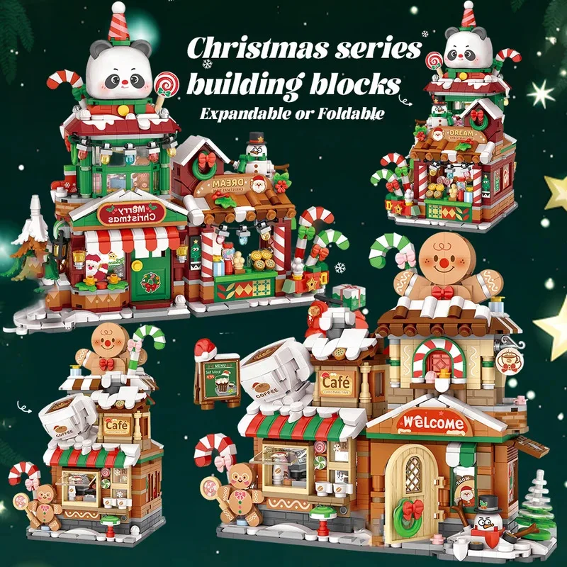 

HUIQIBAO Christmas Tree Panda Snowman Shop Model Building Block DIY Gingerbread Cafe Bricks Ornament Toys Adult Santa Claus Gift