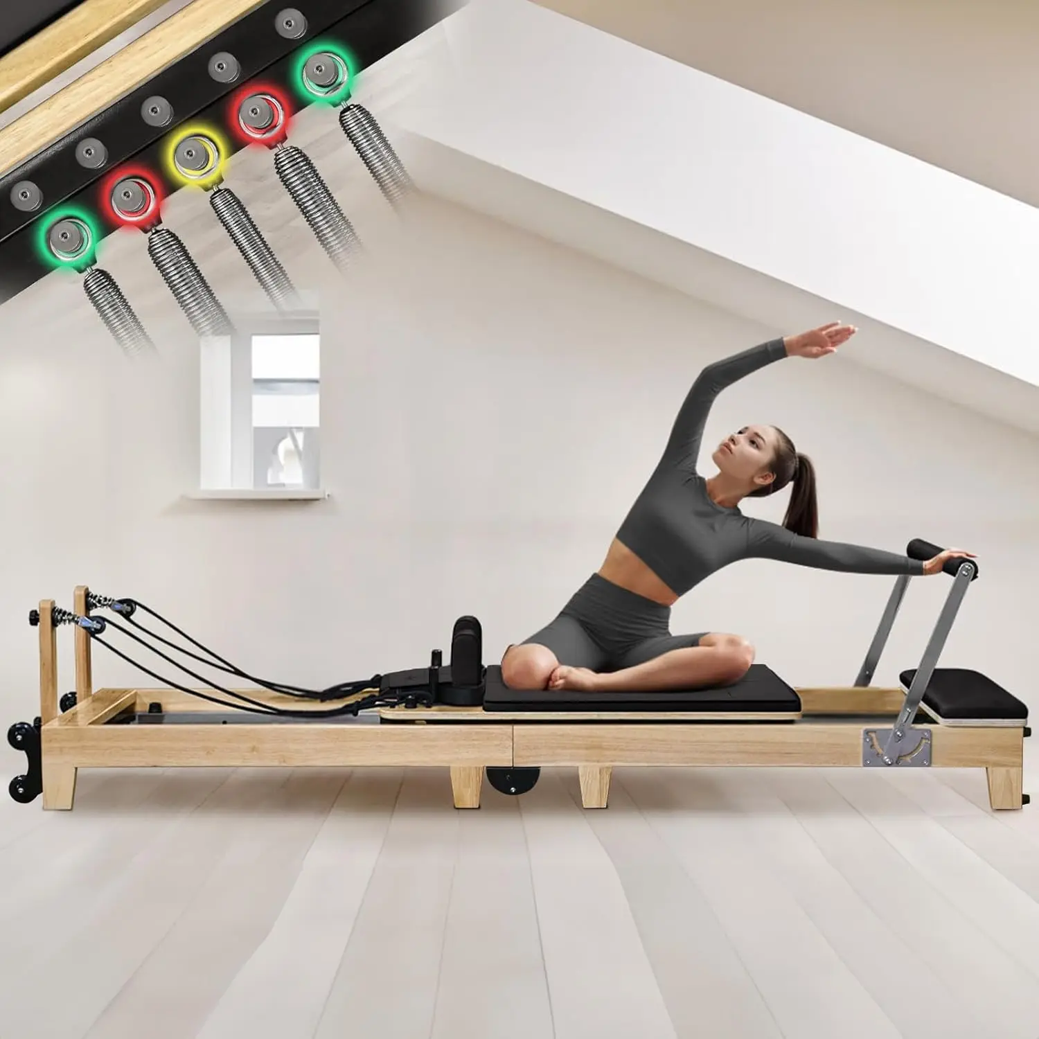 

Deren Foldable Pilates Reformer For Home Use One-Piece Rubber Wood Foldable Reformer Pilates Machine,Studio Home Gym Yoga Workou