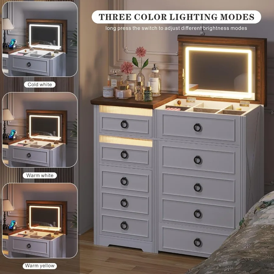 طاولة مكياج مكتبية 3 في 1 للمزرعة مع مرآة إضاءة قابلة للطي 3 ألوان ومقعد مخفي ومحطة شحن مستشعر الجسم فاني