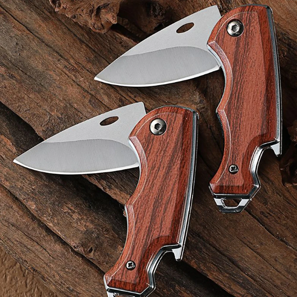 Mini Folding Pocket Knife Wood Handle Small EDC Utility Cutting Tool Keychain Outdoor Camping Hiking Daily Carry Gift image 2