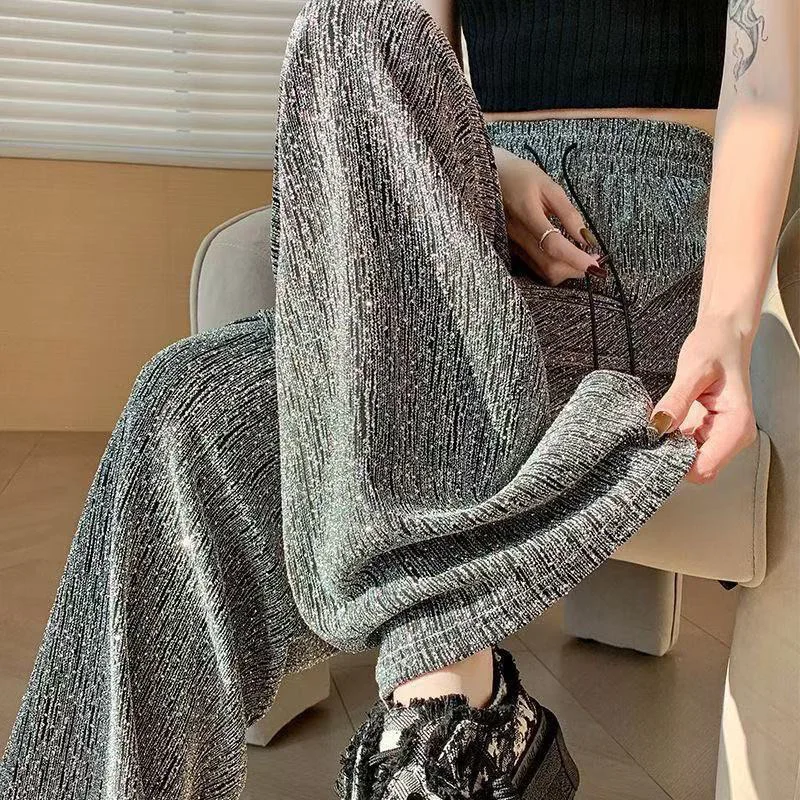 

Summer Casual Loose Elastic Waist Wide Leg Pants Women Fashion Diamonds High Waist Y2K Straight Trousers