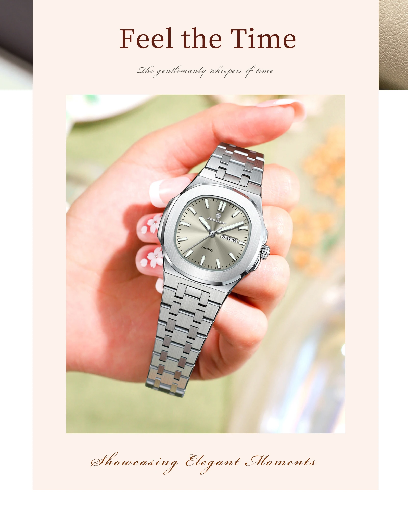 POEDAGAR Quadratische Damenuhr Datum Woche Wasserdicht Leuchtende Damenuhr Edelstahl Quarz Mode Damenuhren Reloj Geschenk – Detail 5