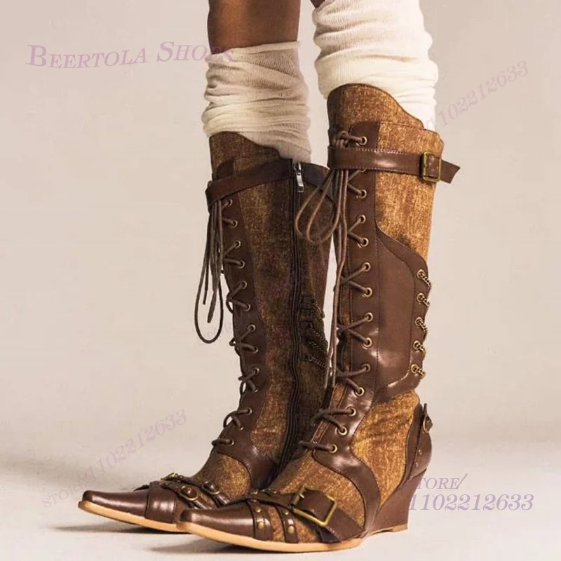 

Vintage Brown Denim Boots Women Lace-Up Wedge Heels Pointed Toes Cool Knee-High Booties Winter Dark Brown Patchwork Leather Shoe