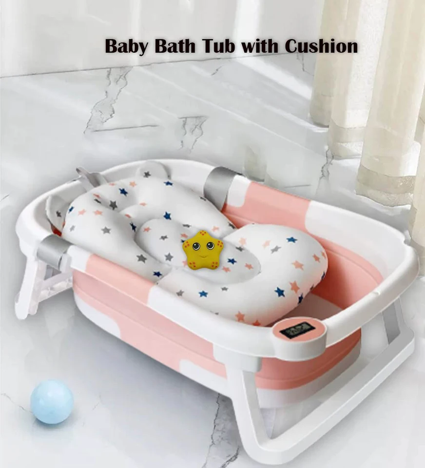 Foldable Baby Bath Tub with Thermometer and Cushion