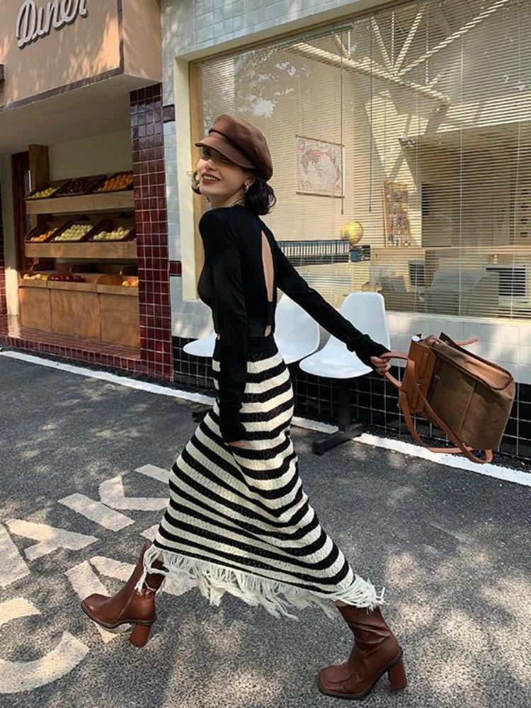 Korobov Contrast Color Striped Skirt Tassel Design Knitted Skirts for Woman New High-waisted Skinny Skirt Korean Fashion Faldas