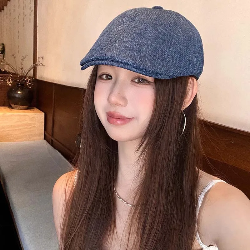 

Новый льняной крутой берет в британском стиле, летняя осенняя однотонная простая литературная кепка газетчика для женщин, кепка в стиле Харадзюку вперед