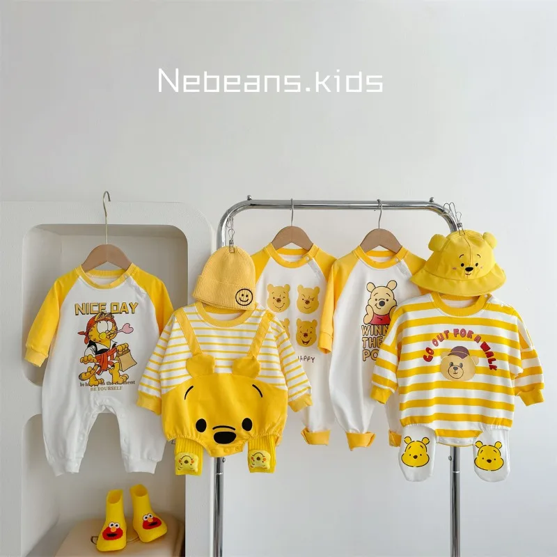 Cartoon Yellow Bear Striped Bodysuit Spring Autumn Soft Cotton Baby Clothing Jumpsuit Newborn Clothes K6181-1