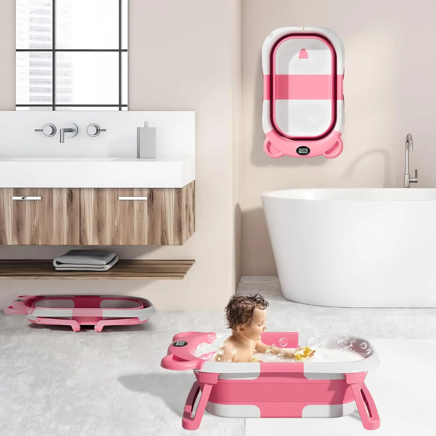 Tragbare, faltbare Babybadewanne für Neugeborene mit Echtzeit-Thermometer, weichem Stützkissen, zusammenklappbare Reise-Babybadewanne mit Ablaufstopfen, kompakte Aufbewahrung, Kinderbadewanne – Detail 12
