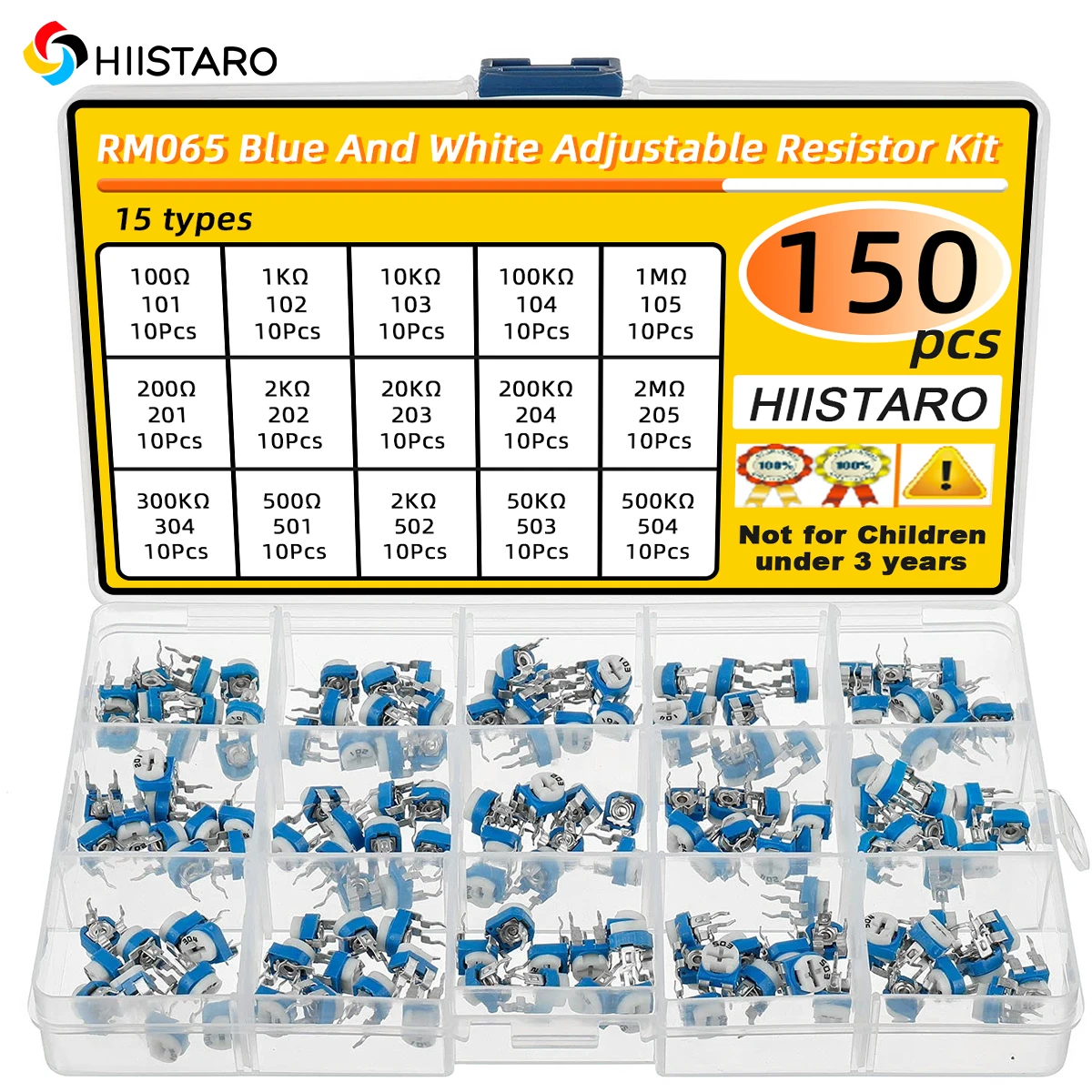 

150 шт. RM065 синий и белый регулируемый резистор 100 Ом-2 метра Ом переменный резистор 6 мм комбинированный комплект потенциометра