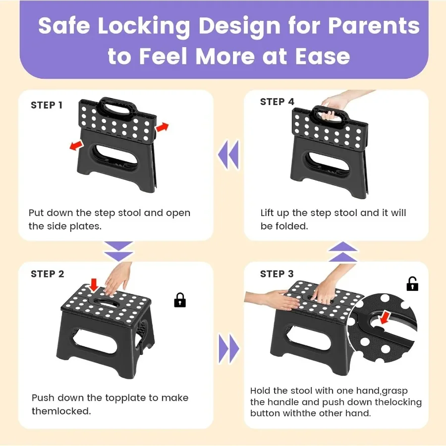 Foldable 9" Step Stool Non-Slip, 600LB Capacity Ladder Stool for Kids Adults, Kitchen Bathroom Outdoor Use