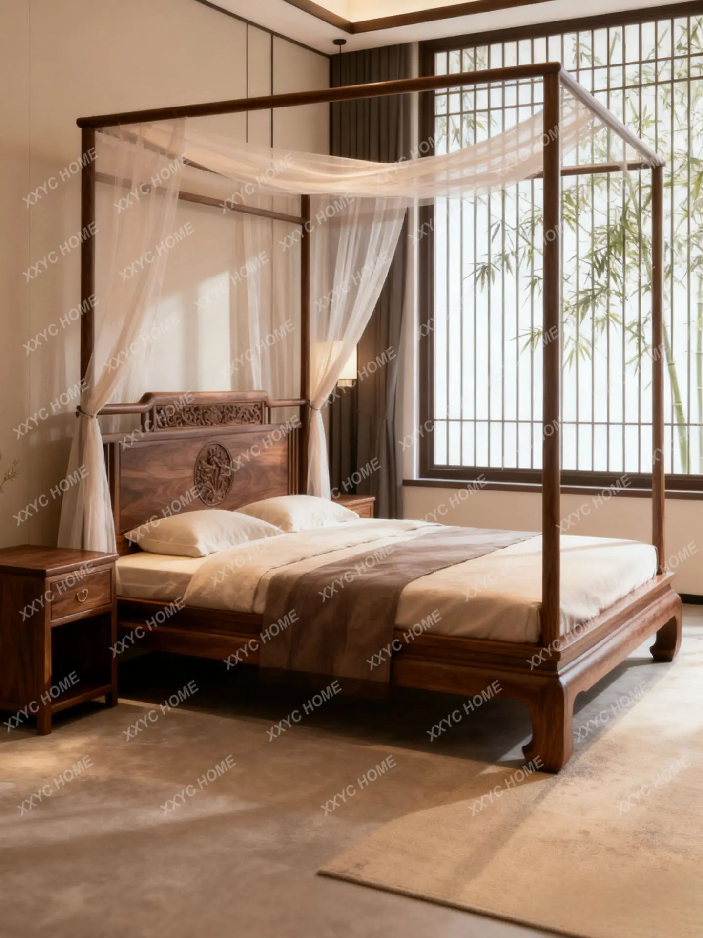 New Chinese-style North American black walnut shelf bed minimalist four-poster bed