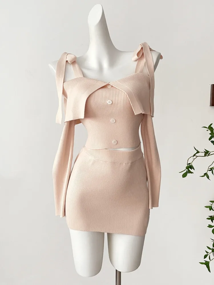 

High Street Маленький ароматный вязаный комплект из двух предметов для женщин, свитер, пуловер, топ + мини-юбки, модные шикарные костюмы из двух предметов