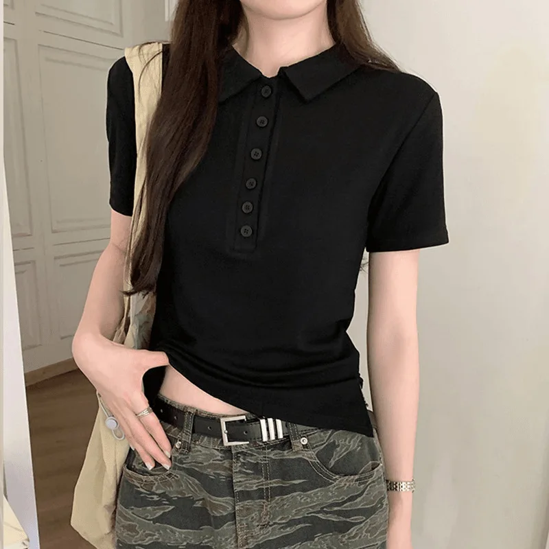

2025 Summer New Minimalist Polo Collar Women Short Sleeved T-shirt Minimalist Solid Color Female Slim Fit Versatile Tops