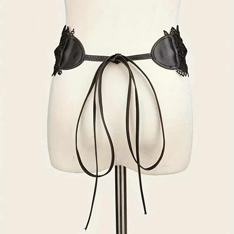 레이스 허리 벨트 보우 타이 랩 어라운드 소프트 PU 가죽 와이드 거들 보헤미안 코르셋 드레스용