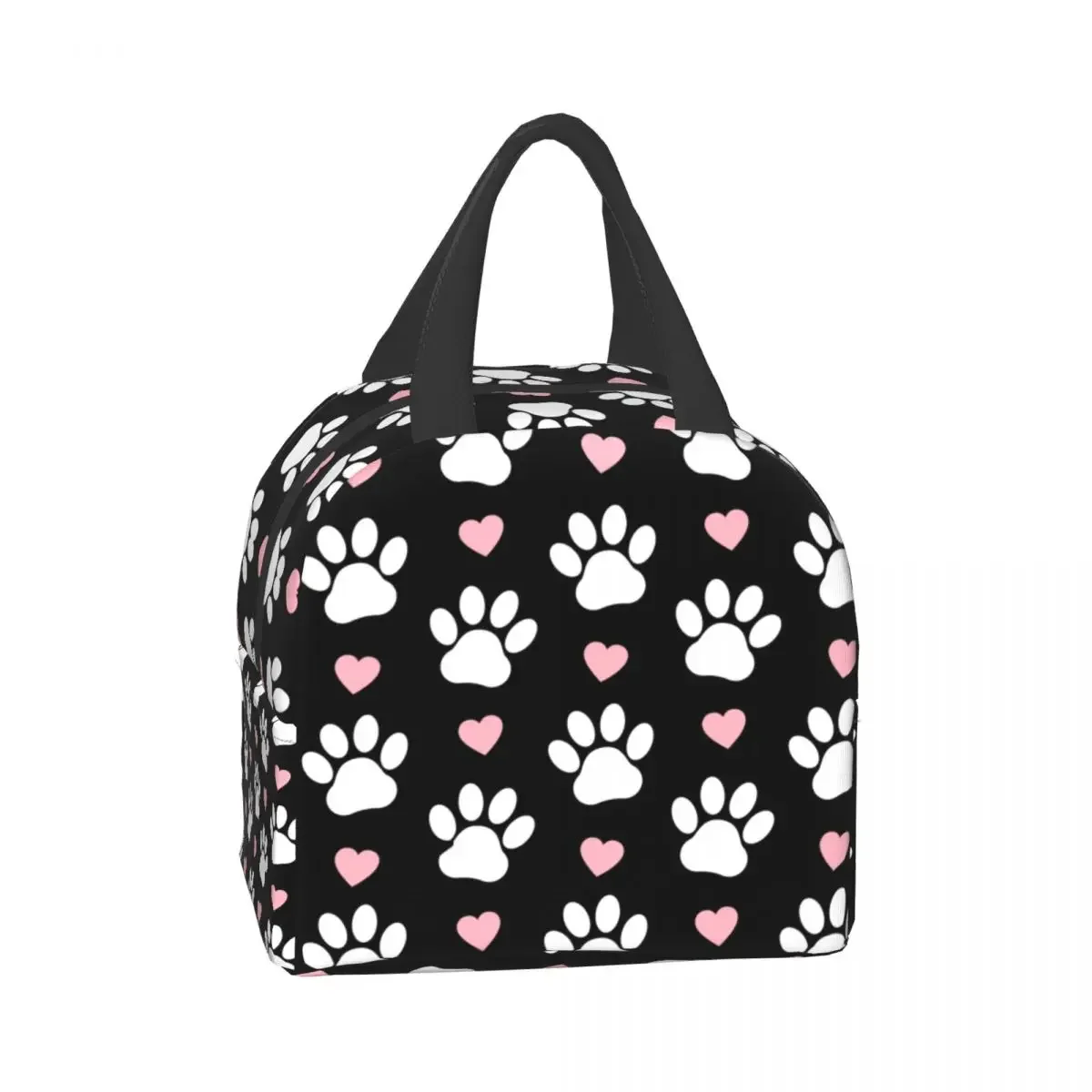 Pattern Of Paws White Dog Paw Insulated Lunch Bags for Women Pretty Pink Hearts Puppy Cooler Thermal Lunch Box School Children