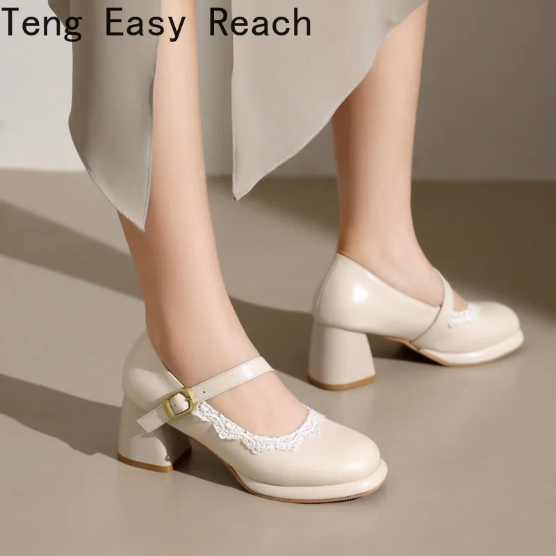 2024 New Women\'s White Mary Jane Shoes Spring Fashion Round Toe Chunky Heels Women\'s Lace Edge Princess Cosplay Lolita Shoes