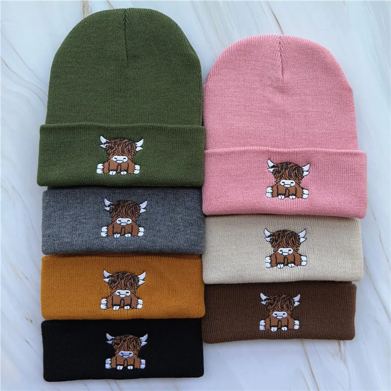 Unisex-Mütze mit Highland-Kuh-Stickerei, weiche warme Strickmütze für den Herbst und Winter – Detail 1