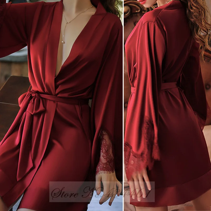 Sexy Bride Morning Kimono Bathrobe Gown Burgundy Lace Bride Robe Sleepwear Spring Summer Female Nightgown Loose Satin Home Dress