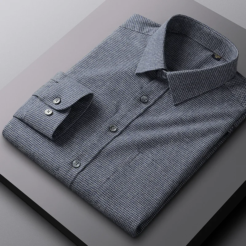 New in shirt 100%cotton sanding long-sleeve shirts for men houndstooth Smart Casual single pocket soft top hight qulity clothes