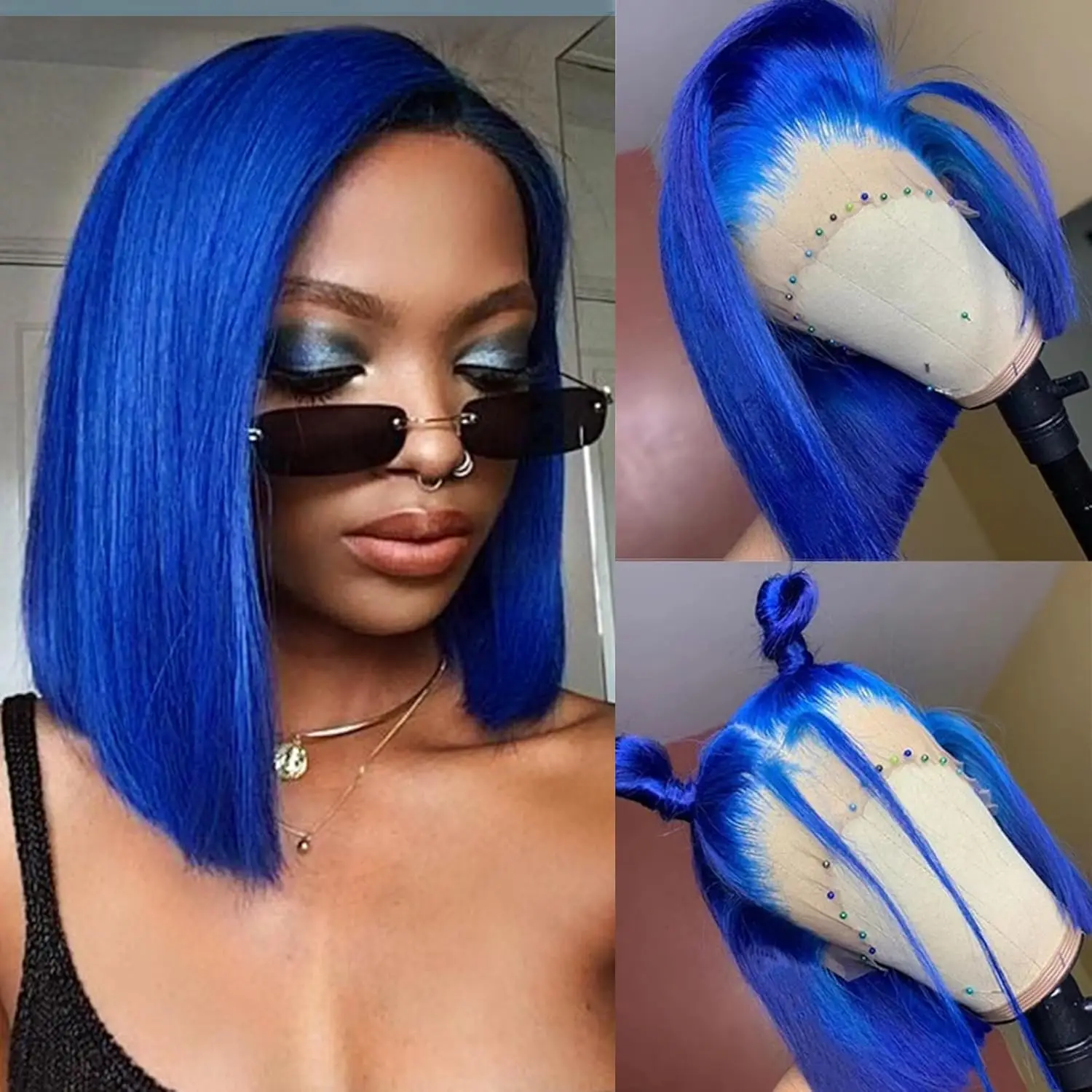 Perruques de cheveux humains Bob courts pour femmes, perruque de cheveux vierges brésiliens, perruque en dentelle transparente, pré-plumée, couleur bleue, 13tage