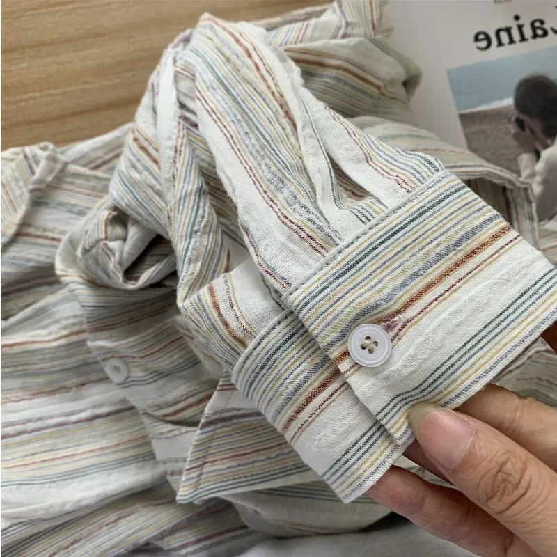 2024 Vintage Striped Shirts Women Korean Fashion Simple Long Sleeve Turn Down Collar Blouse Office Lady Casual Loose Thin Tops