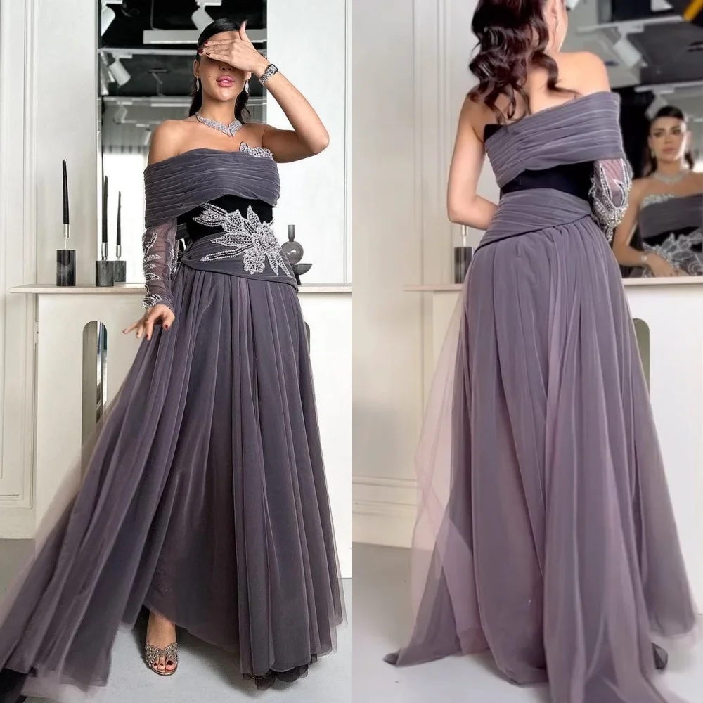 Customized High Quality Tulle Pattern Pleat A-line One-shoulder Long Dresses Quinceanera Dresses Fashion Exquisite Classic