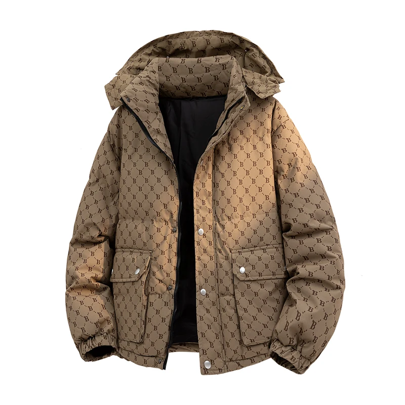 

Autumn and Winter Fashion Trend Printed Thickened Warm Hooded Cotton-Padded Jackets Men Loose Leisure Large Size Windproof Coat