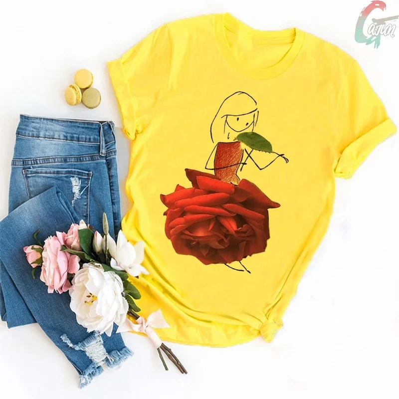 

Yellow Fashion Streetwear Women T Shirt Harajuku Rose Girl Bouquet Print T-shirt Summer Sunflower Flowers Loose Casual Women Top