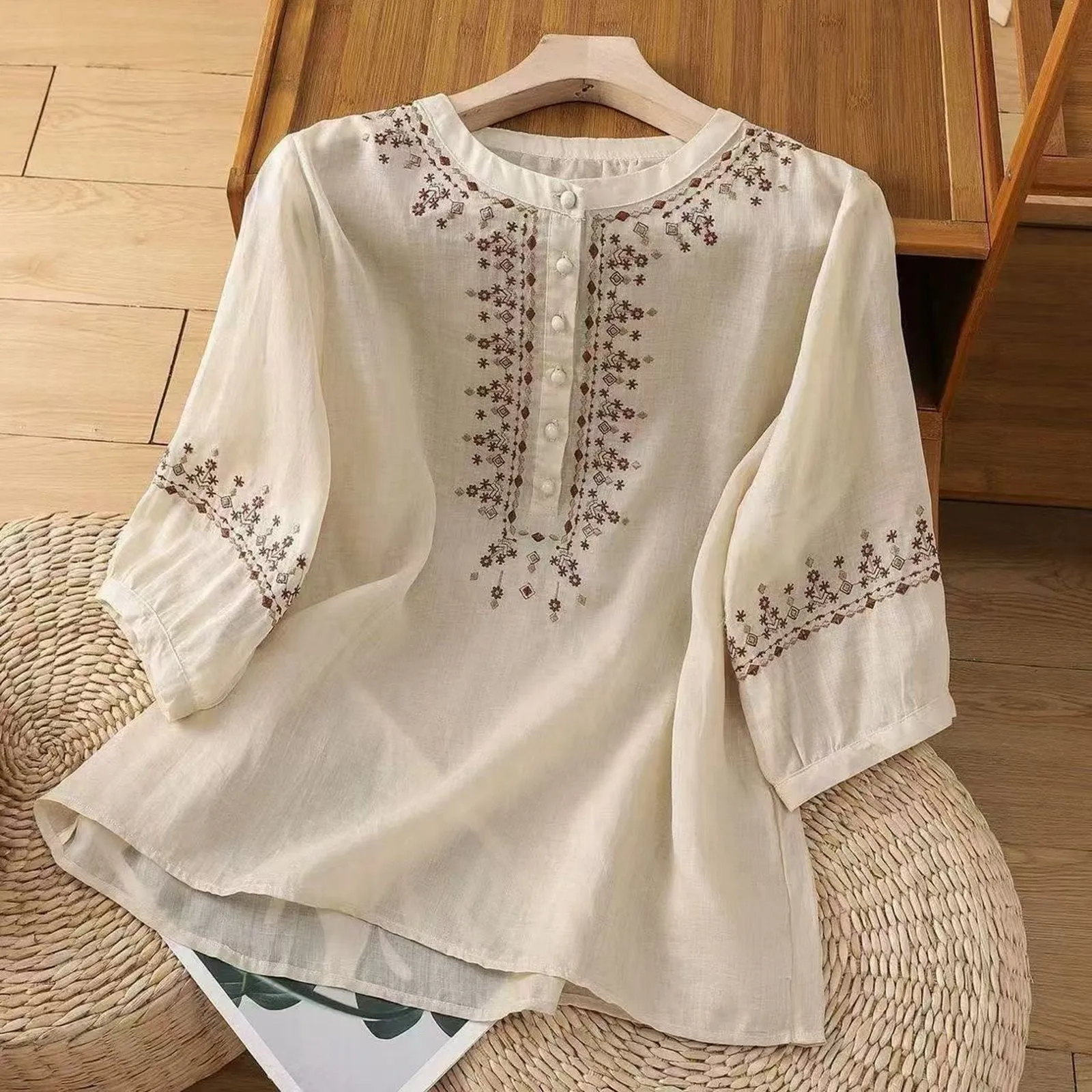 

2025 Retro Embroidery Thin Blouse Women Elegant Three Quarter Sleeve Button Female Blouse Round Neck Summer Tops Clothing