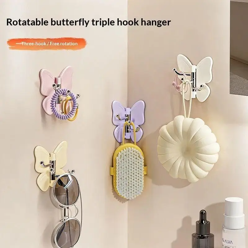 Cute Butterfly Self Adhesive Wall Hooks 360 Degree Rotation 3 Hooks For Bathroom Kitchen Home Hanging Jewelry Towels Small Items