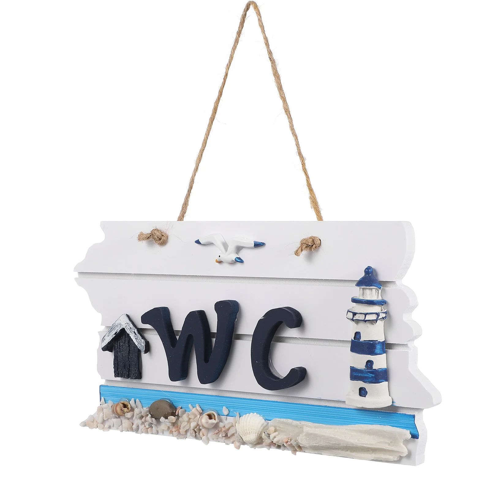 

Hand-Painted Wooden Wc Sign Board Lighthouse Wall Sculpture 22x115x3cm Mediterranean Bathroom Decor Beach Nautical Hanging Sign