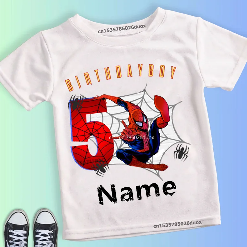 Camiseta de superhéroe para cumpleaños, camisa de verano de Marvel, Spiderman, chica, nombre personalizado, 2, 3, 4, 5, 6, 7, 8, 9