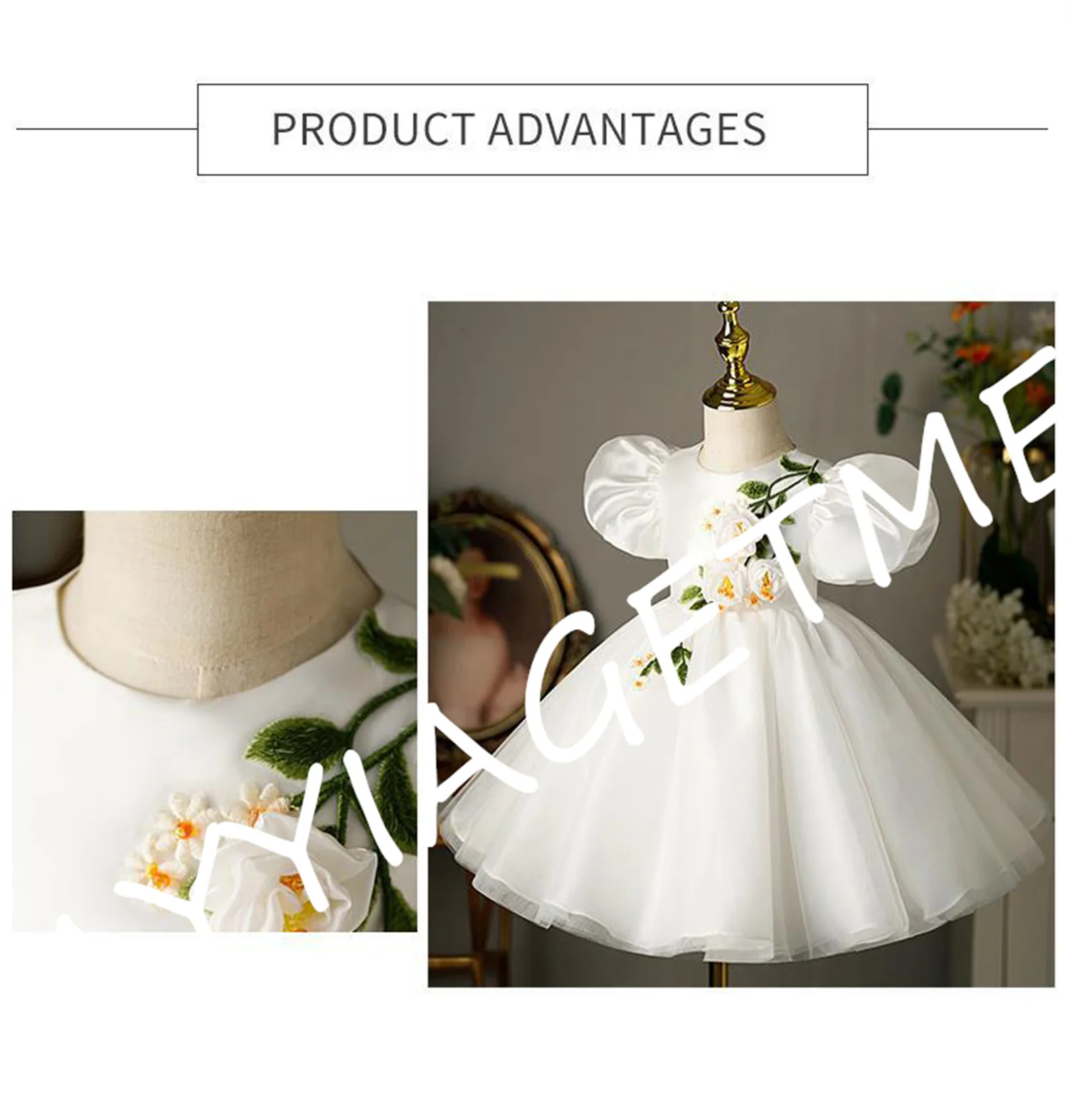 White Luxury Pageant Gown Puffy Kids Clothing Party Prom Dress Flower Girl Dress Embroidered Flowers Knee Length Show Ball Gown