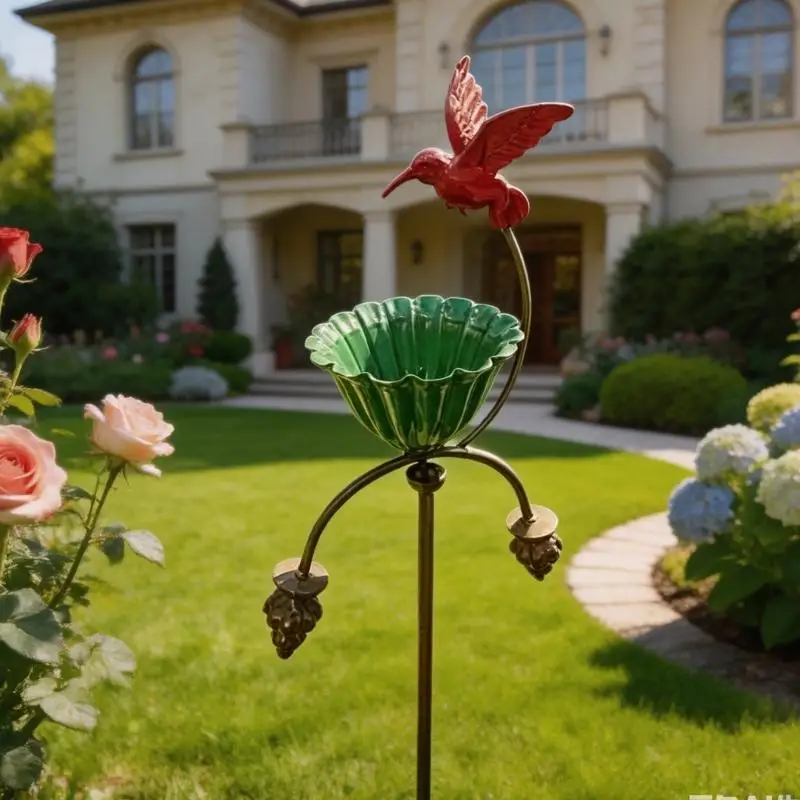 Eleganter Kolibri-Futterspender aus Schmiedeeisen mit blütenförmigem Vogelbad zur Gartendekoration und zum Anlocken B03E – Detail 3