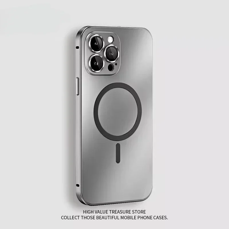 Aluminum Metal Frame Magnetic Case For iPhone 13 12 14 15 Pro Max 15Plus Magsafe Wireless Charging Glass Lens PC Backboard Cover