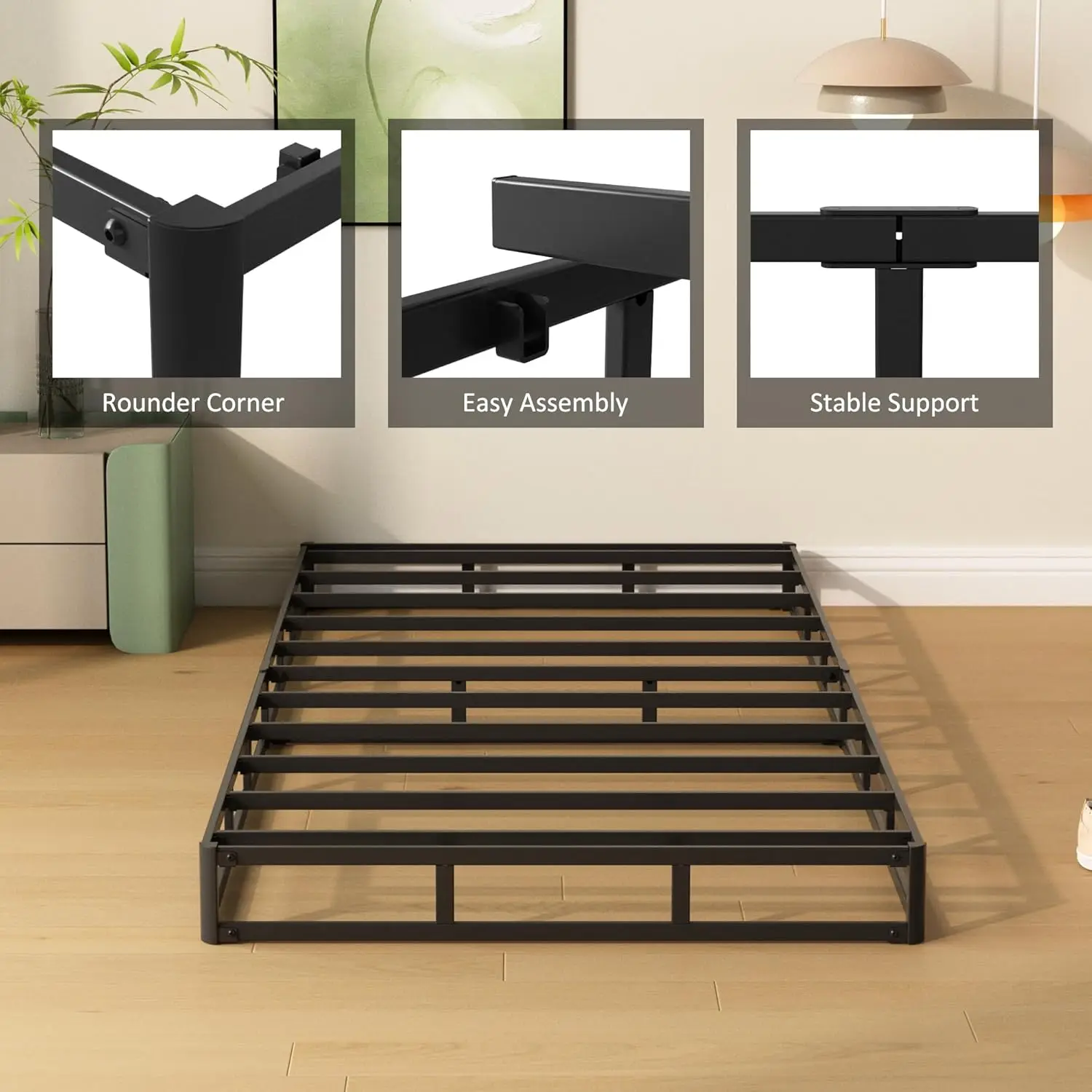 

4 H Heavy Duty Twin Box Spring With Fabric Cover, No Noise Mattress Foundation, Strong Metal Frame, Easy Assembly, Bla