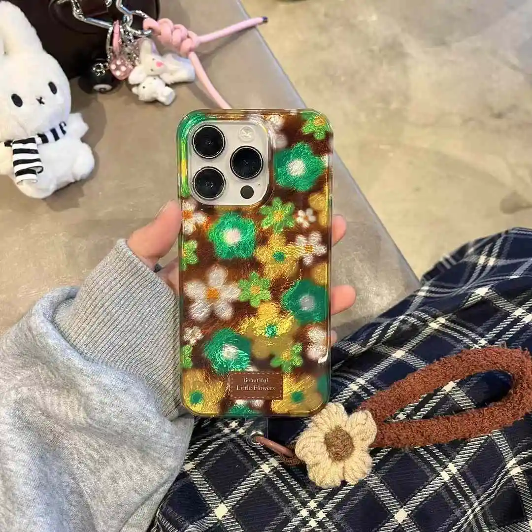 Oil Painting Flower Cartoon Phone Case For iphone 16 15 14 Plus 12 13 Pro Max 11 Korea Embroidery Soft Plush Bracelet Cover