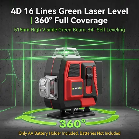 L FINE 4D Green Laser Level 16 Lines 360° Full Coverage ±4° Self-Levelling Laser Tool for Tiling Carpentry Construction with AA