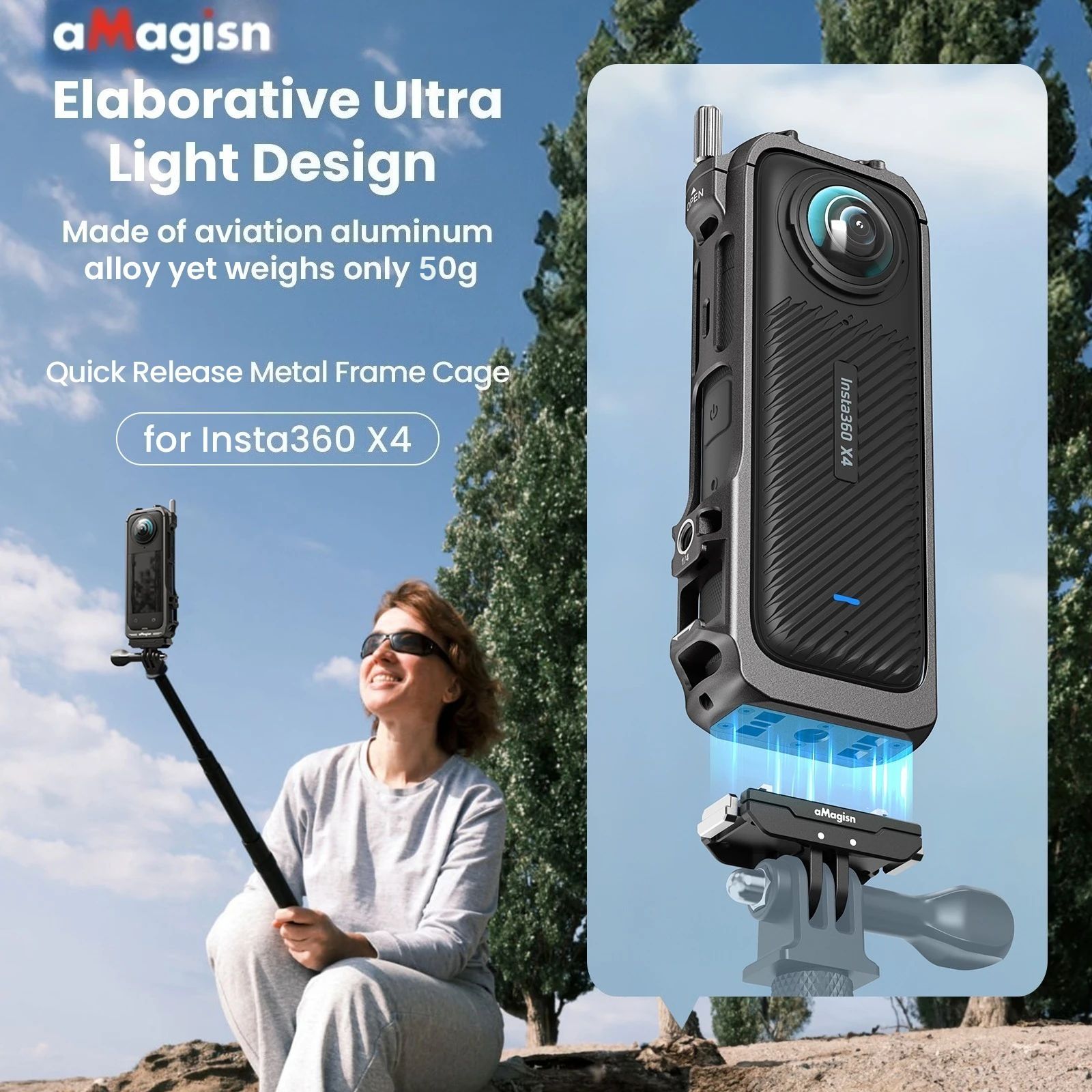 aMagisn Quick Release Metal Frame Cage for Insta360 X4 Aluminum Alloy Protective Frame Cage Accessories with Lens Cap