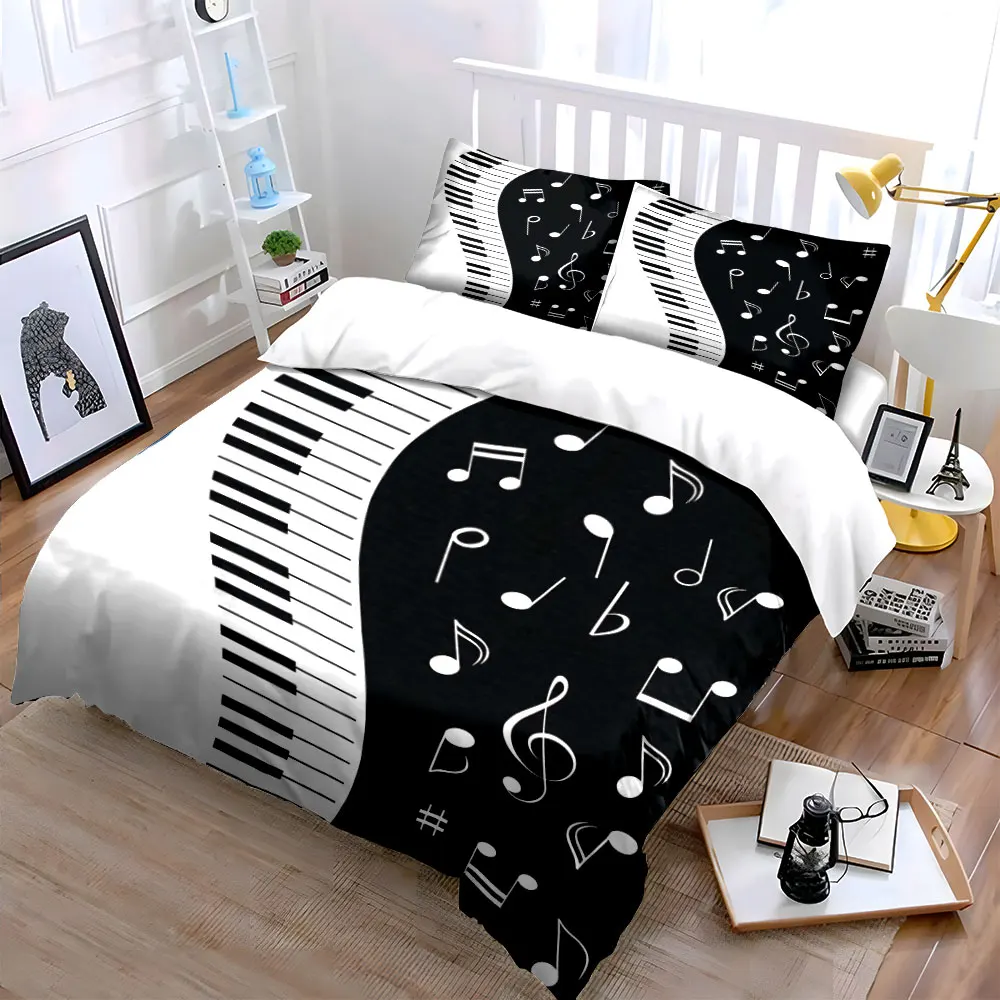 Wavy Piano Key Floating Music Note Duvet Cover Set,Black White Minimal Music Bedding Includes 1 Duvet Cover And 2 Pillowcase