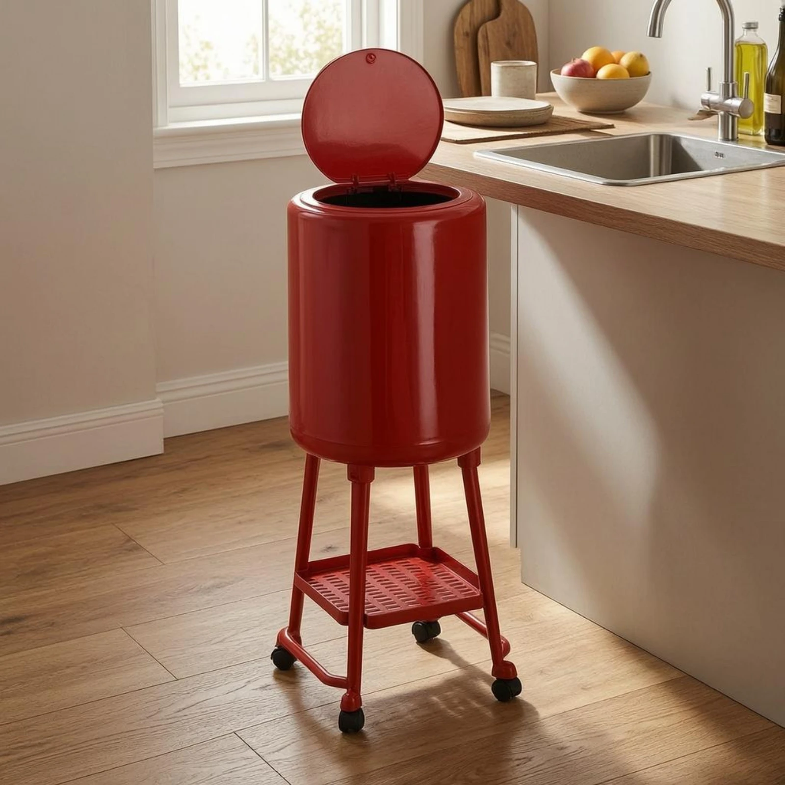 

Elevated Waste Bin 12 L Rolling Waste Bin Household Storage Caster Wheels Cylindrical