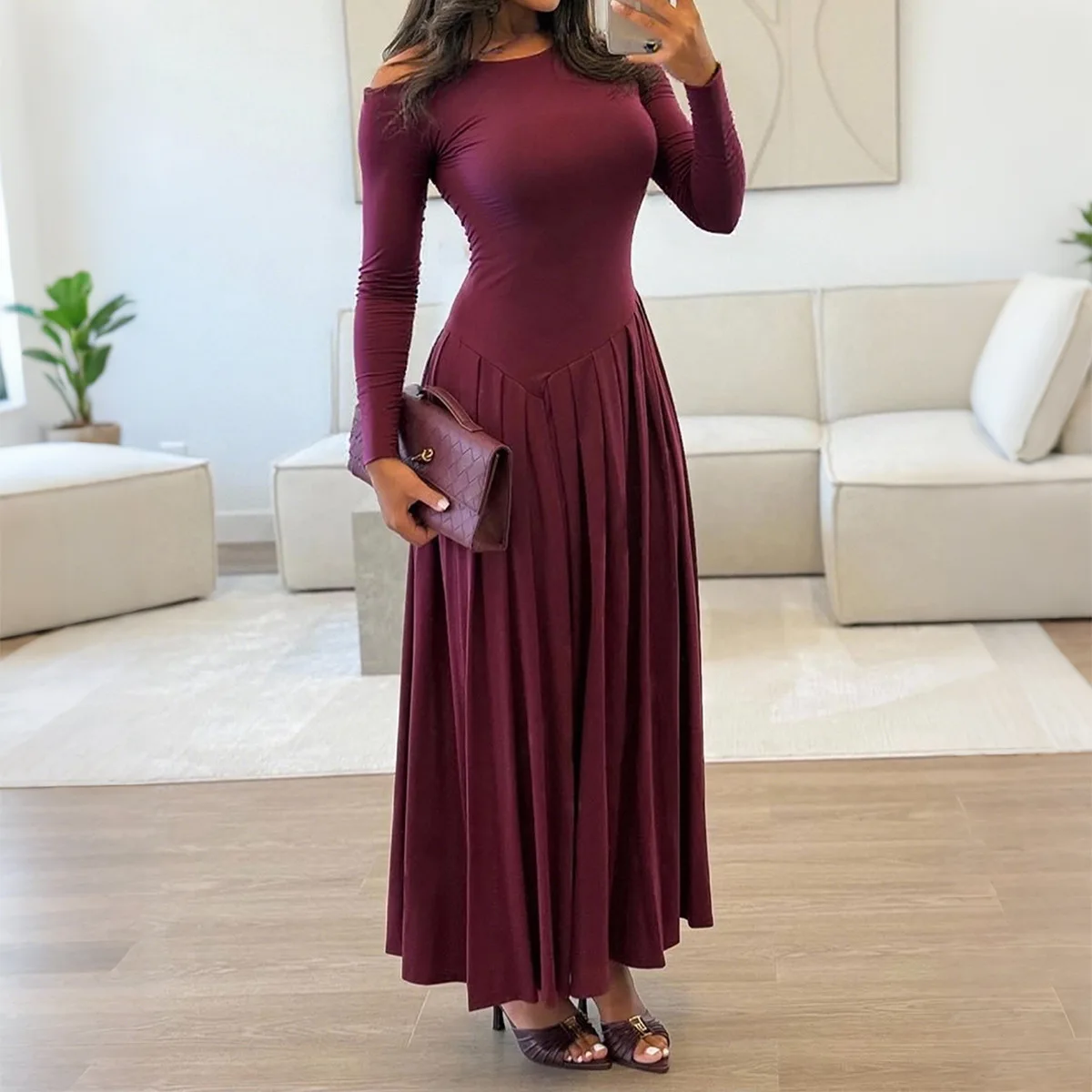

Elegant High Waist Long Sleeve Long Skirt Dress Women's Autumn and Winter 2025