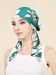 Muslim Fashion Print Hijab Turban Hats Long Tail Head Wraps Elastic Hijab Hats Breathable Chemo Cap For Women Girls
