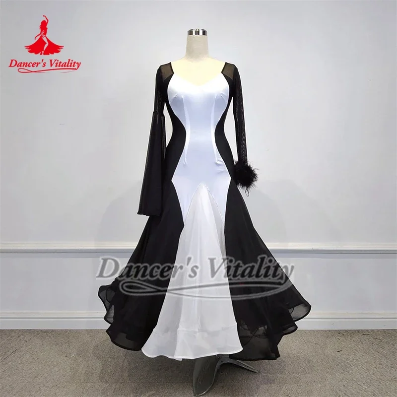 Women Foxtrot Black-White Stitching Long Sleeve Wrapped-Hip Dress Custom Adult Ballroom Dance Training Costume Dancer's Vitality
