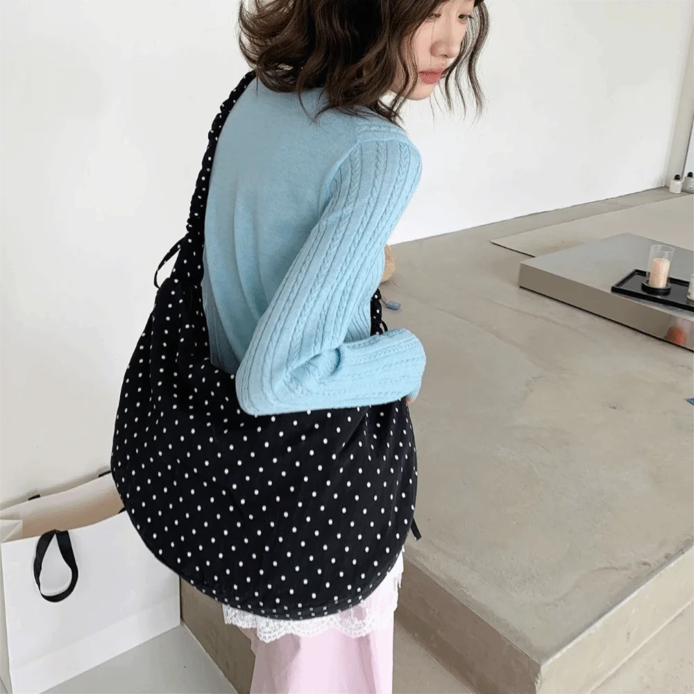 

Adjustable Polka Dot Nylon Crossbody Bag Drawstring Lightweight Pleated Shoulder Bag Ballet Style Large Capacity