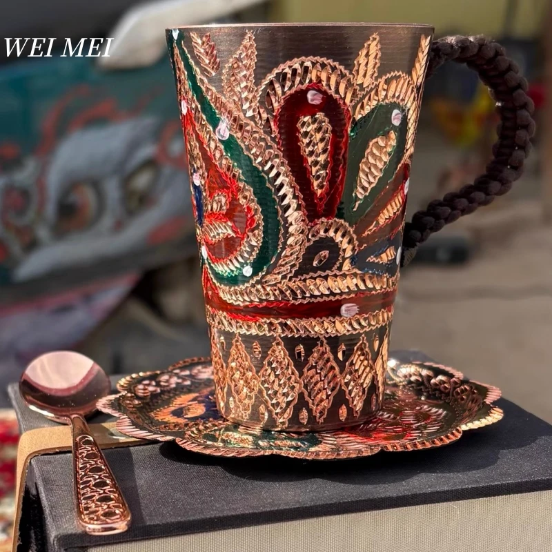 

Винтажная медная кофейная кружка ручной работы, с дисковой ложкой, чашка для завтрака, узор, случайная роспись, уникальная художественная текстура, подарочная кружка, посуда