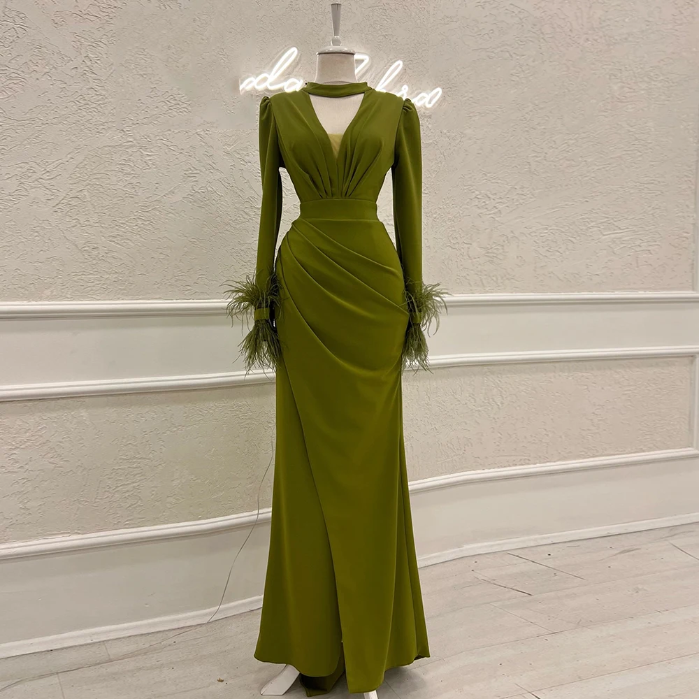 

Green O-Neck Evening Dresses For Women Jersey Full Sleeves Empire Feather Zipper Party Gown Mermaid Floor Length Robes De Soirée