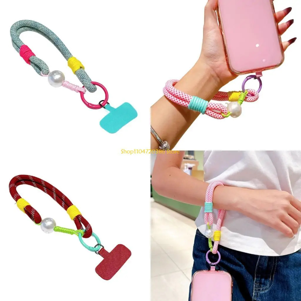 

K0EA Color Blocked Braided Phone Lanyard Cord For Daily Use Crafted from Nylon With Pearls Metal Accent For Gadgets Keychains