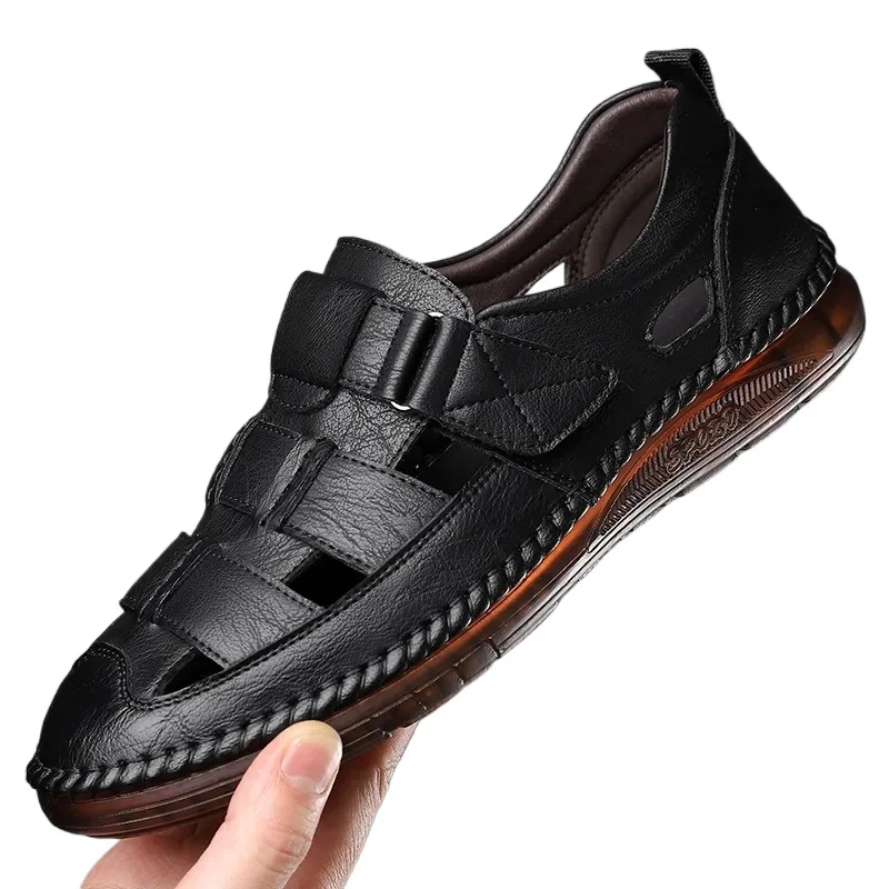 

Summer Hollow Flat Head Roman Style Men's Sandals Designer New Fashion Slip-on Soft Leather Casual Outdoor Walk Men's Shoes