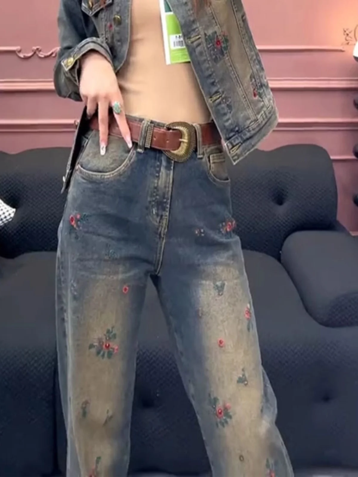 Korean Style Denim Jeans Women's Spring New Heavy Embroidery Flower Fashionable All-Match Elastic Straight Floor-Length Wide ...
